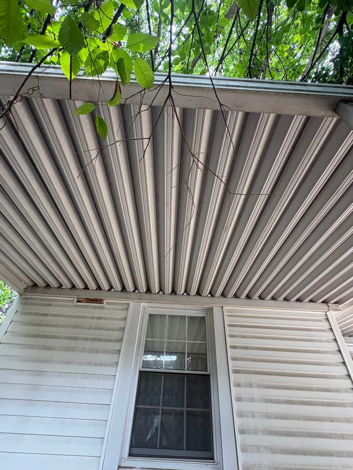 After: ribbed metal carport ceiling and white vinyl siding with a window, seen from below with tree branches overhead